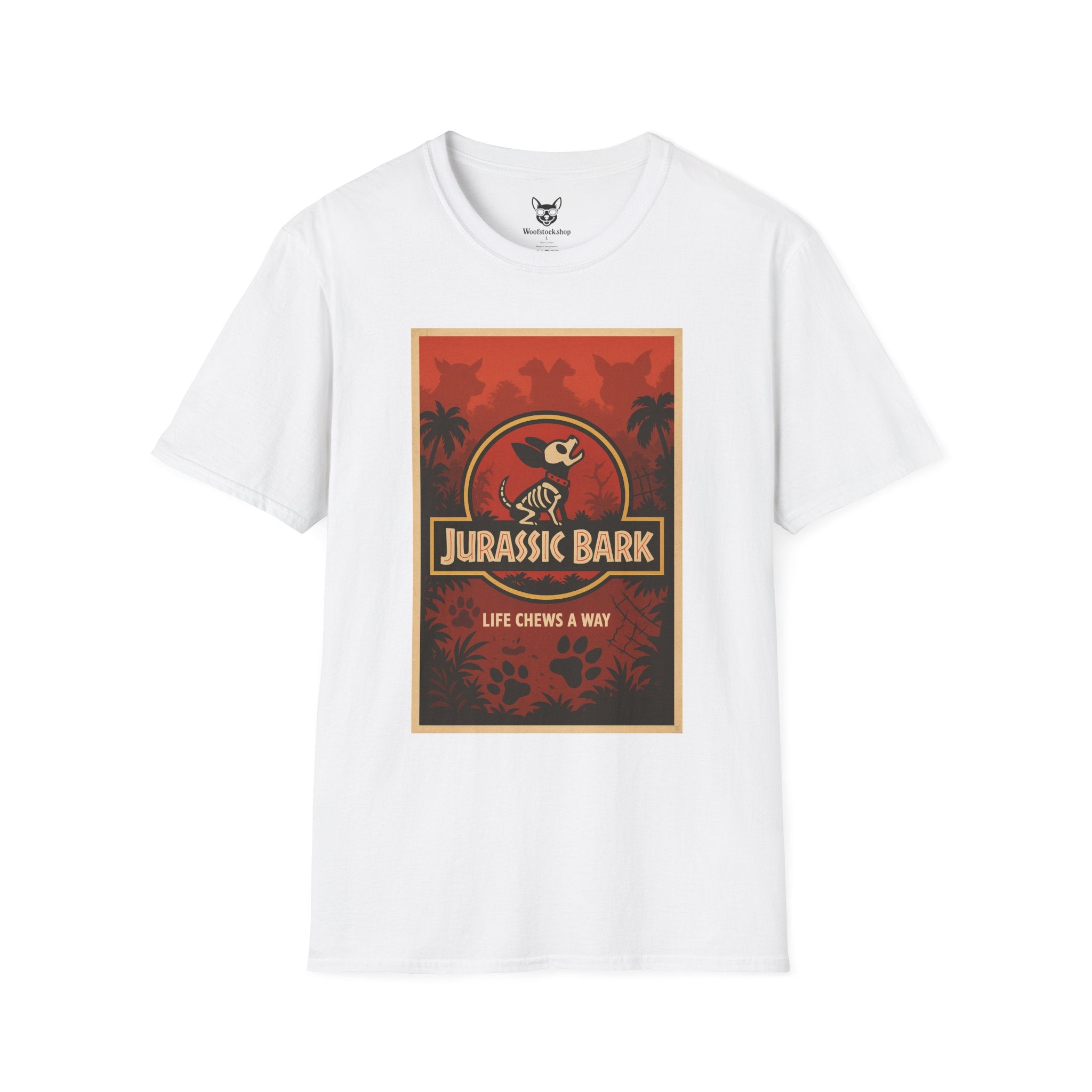 Jurassic Park Movie Poster Dog Parody Unisex Softstyle T-Shirt -- Funny Dog Movie Tee for Film and Dog Lovers
