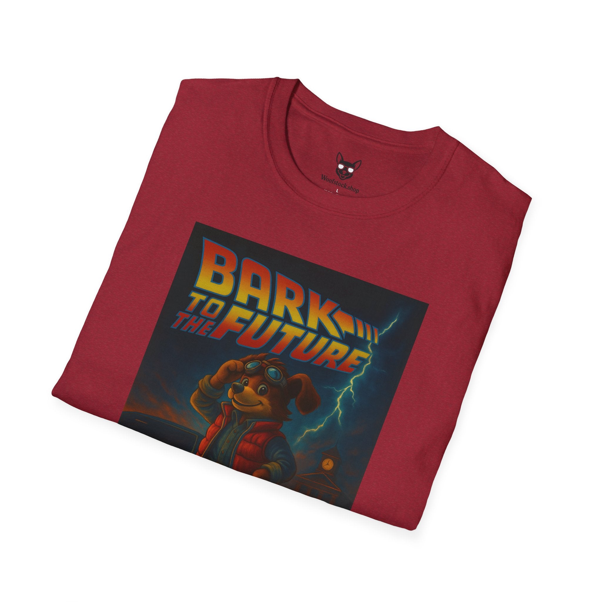 Back to the Future Movie Poster Dog Parody Unisex Softstyle T-Shirt -- Funny Dog Movie Tee for Film and Dog Lovers