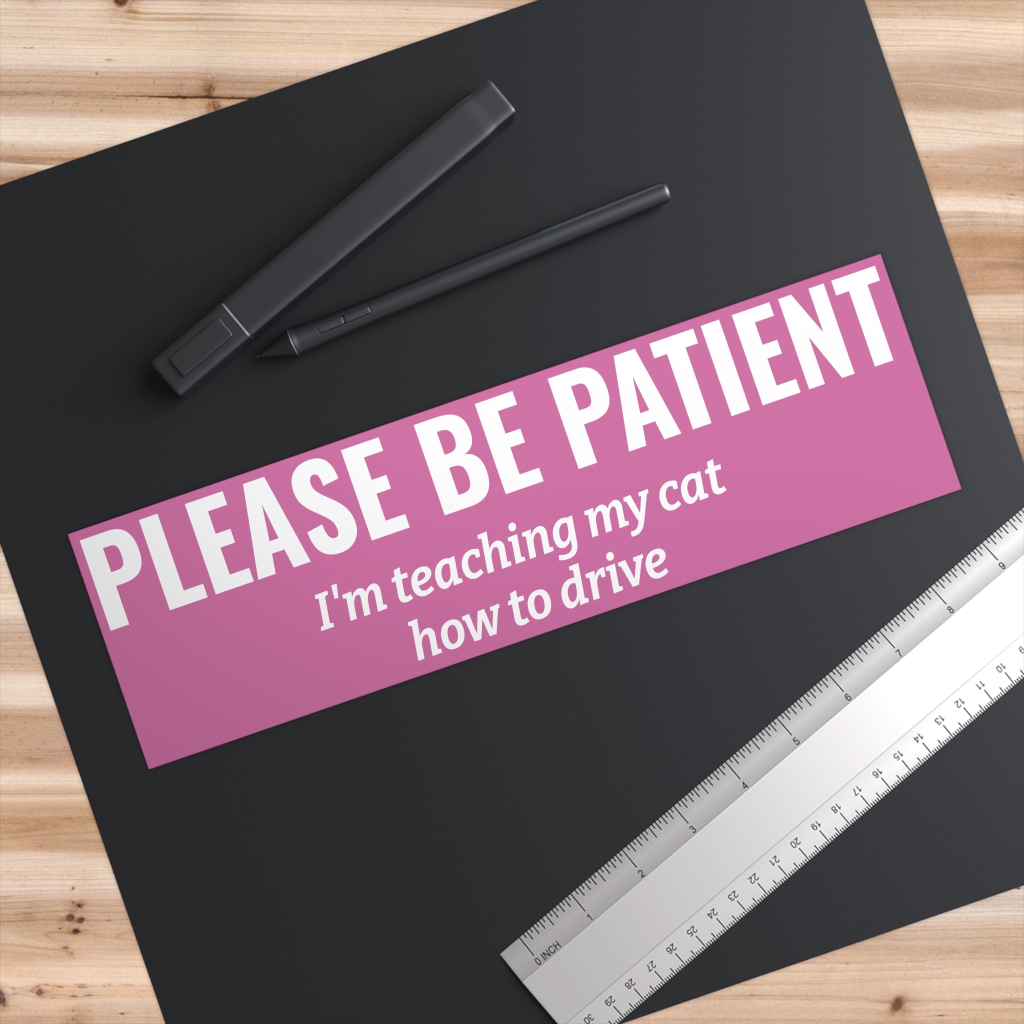 Please Be Patient Bumper Sticker — "I'm Teaching My Cat How to Drive" Humorous Car Decal (Light Pink)