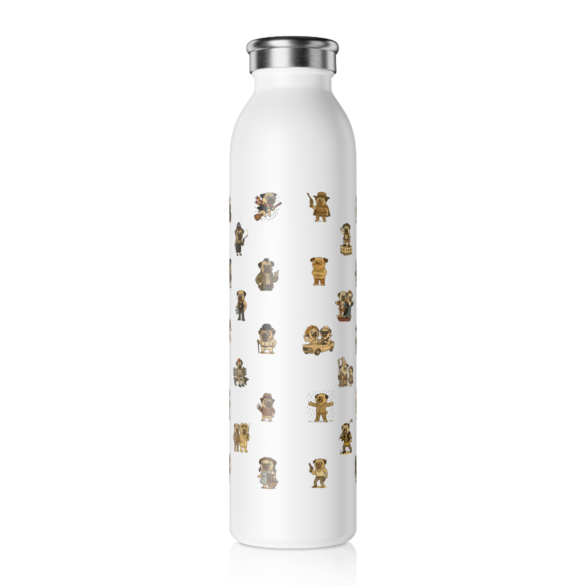 Movie Pugs Slim Water Bottle -- Funny Gift for Movies and Dog Lovers