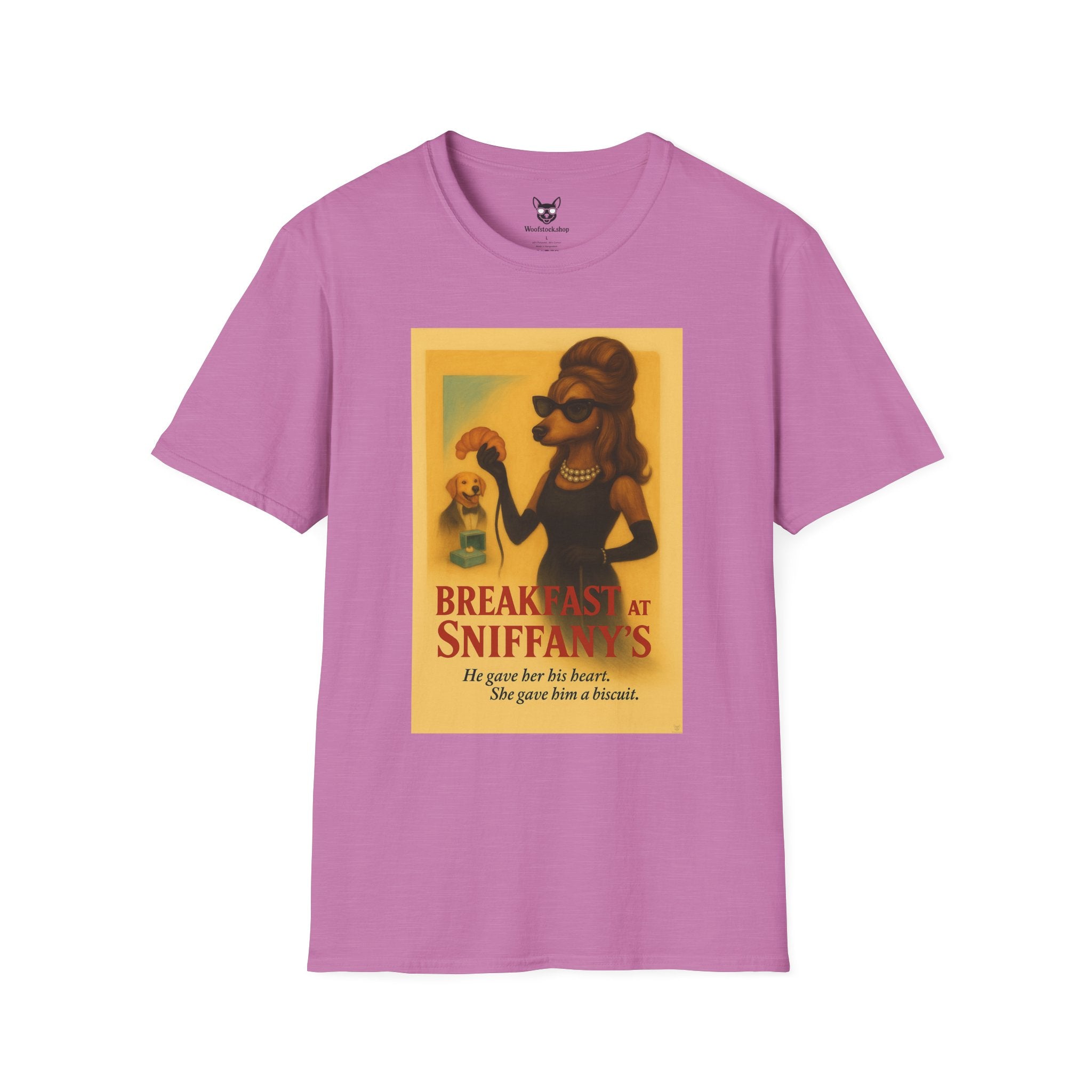 Breakfast at Tiffany's Movie Poster Dog Parody Unisex Softstyle T-Shirt -- Funny Audrey Hepburn Movie Tee for Film and Dog Lovers