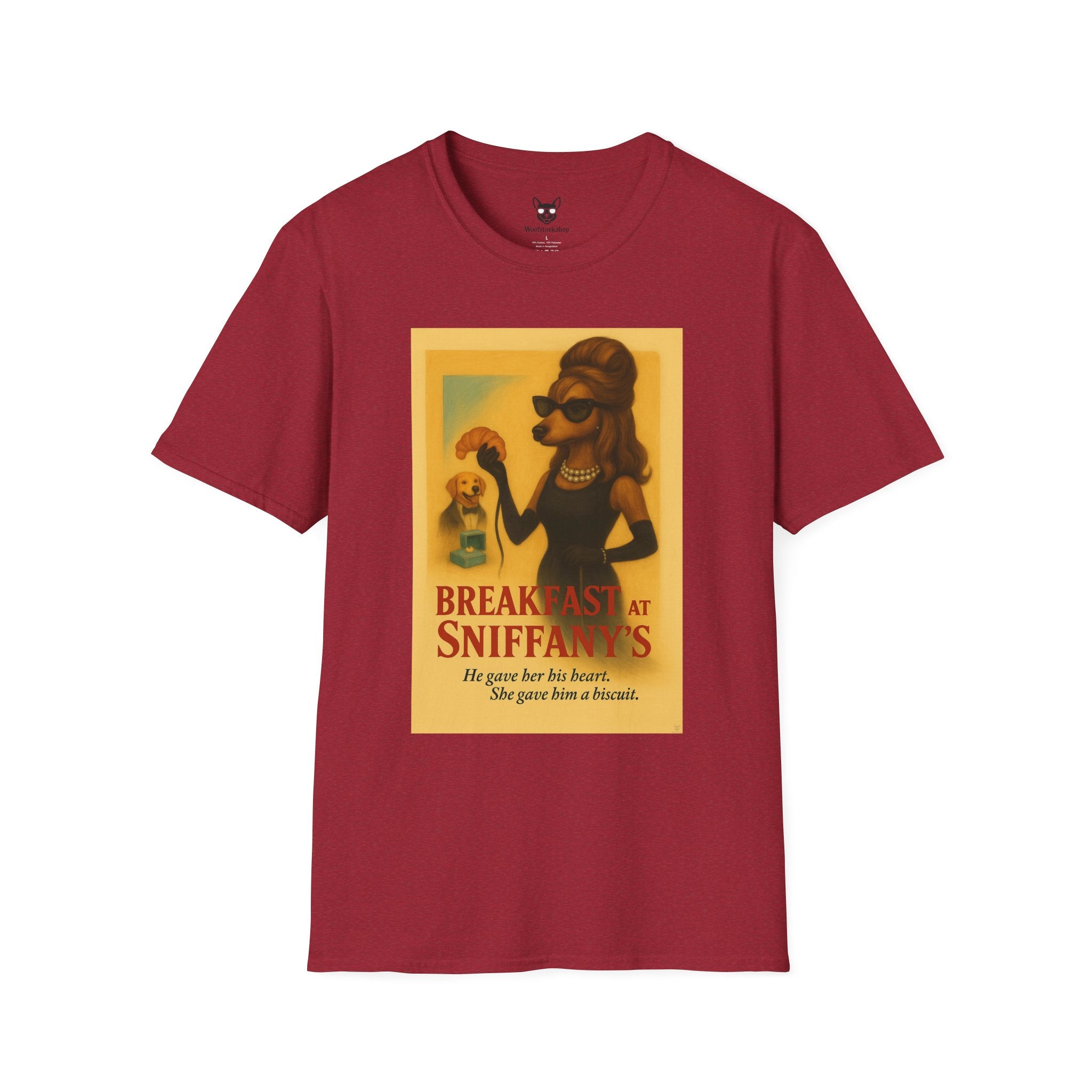 Breakfast at Tiffany's Movie Poster Dog Parody Unisex Softstyle T-Shirt -- Funny Audrey Hepburn Movie Tee for Film and Dog Lovers