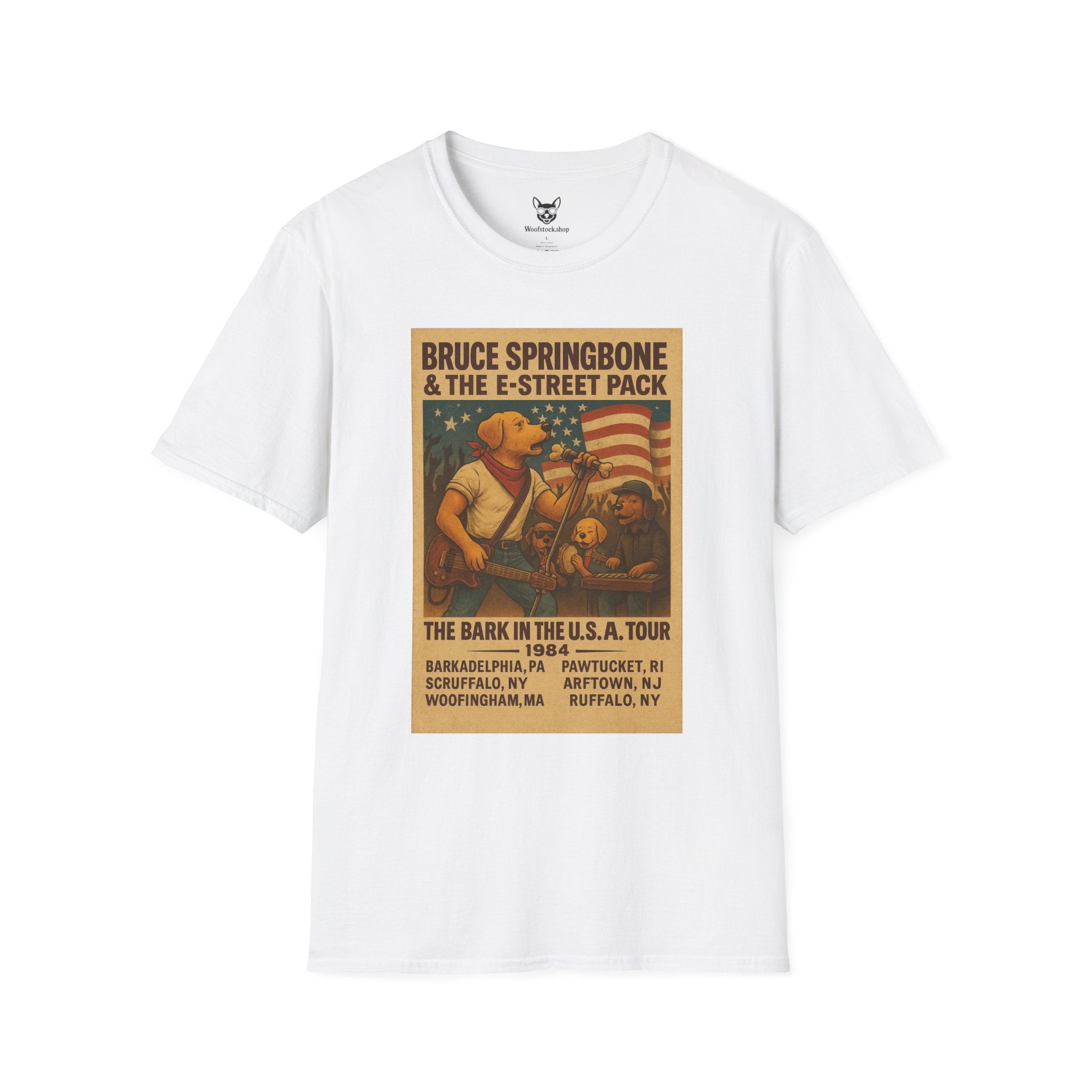 Bruce Springsteen Concert Poster Dog Parody Unisex Softstyle T-Shirt -- Funny Rock Tee for Music and Dog Lovers