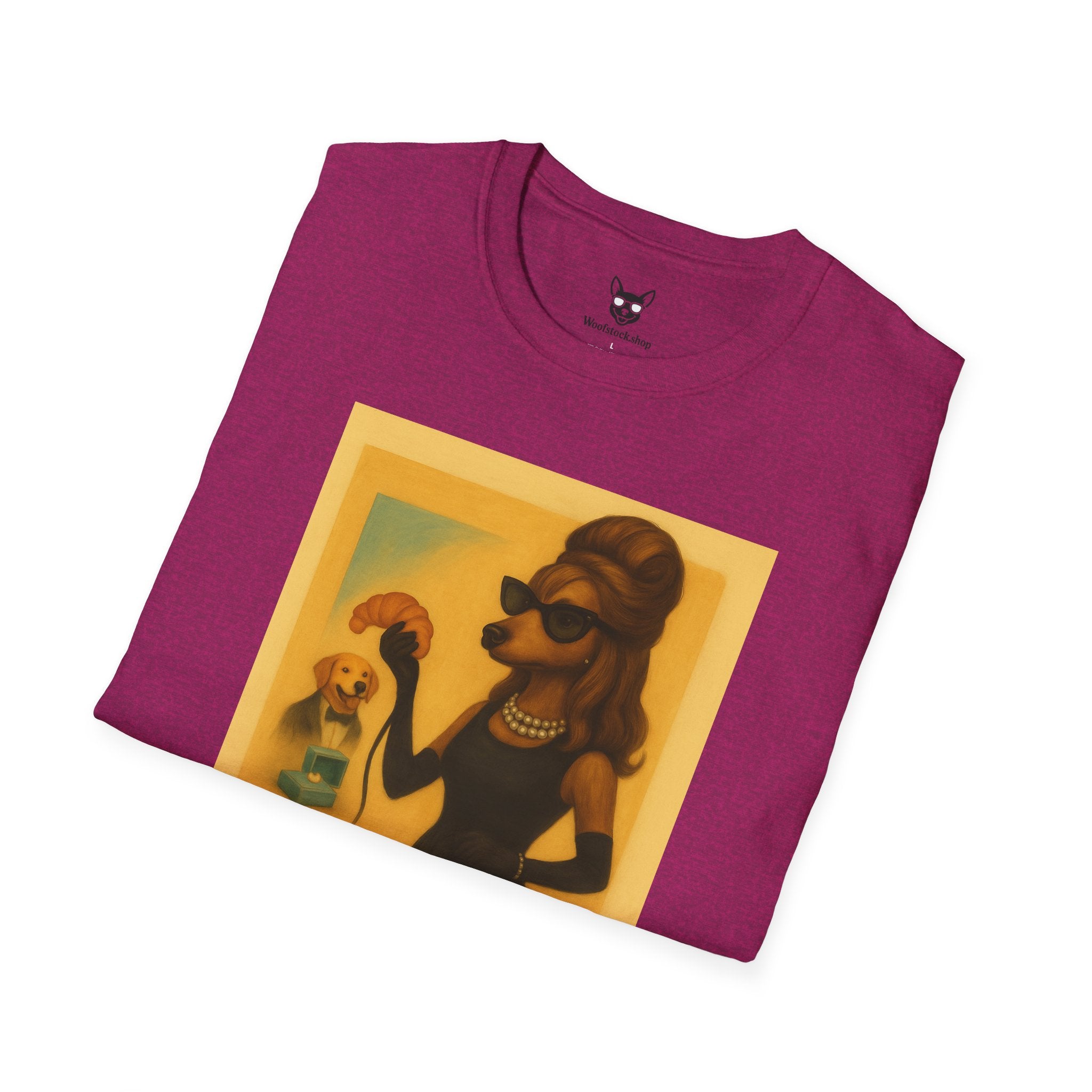 Breakfast at Tiffany's Movie Poster Dog Parody Unisex Softstyle T-Shirt -- Funny Audrey Hepburn Movie Tee for Film and Dog Lovers