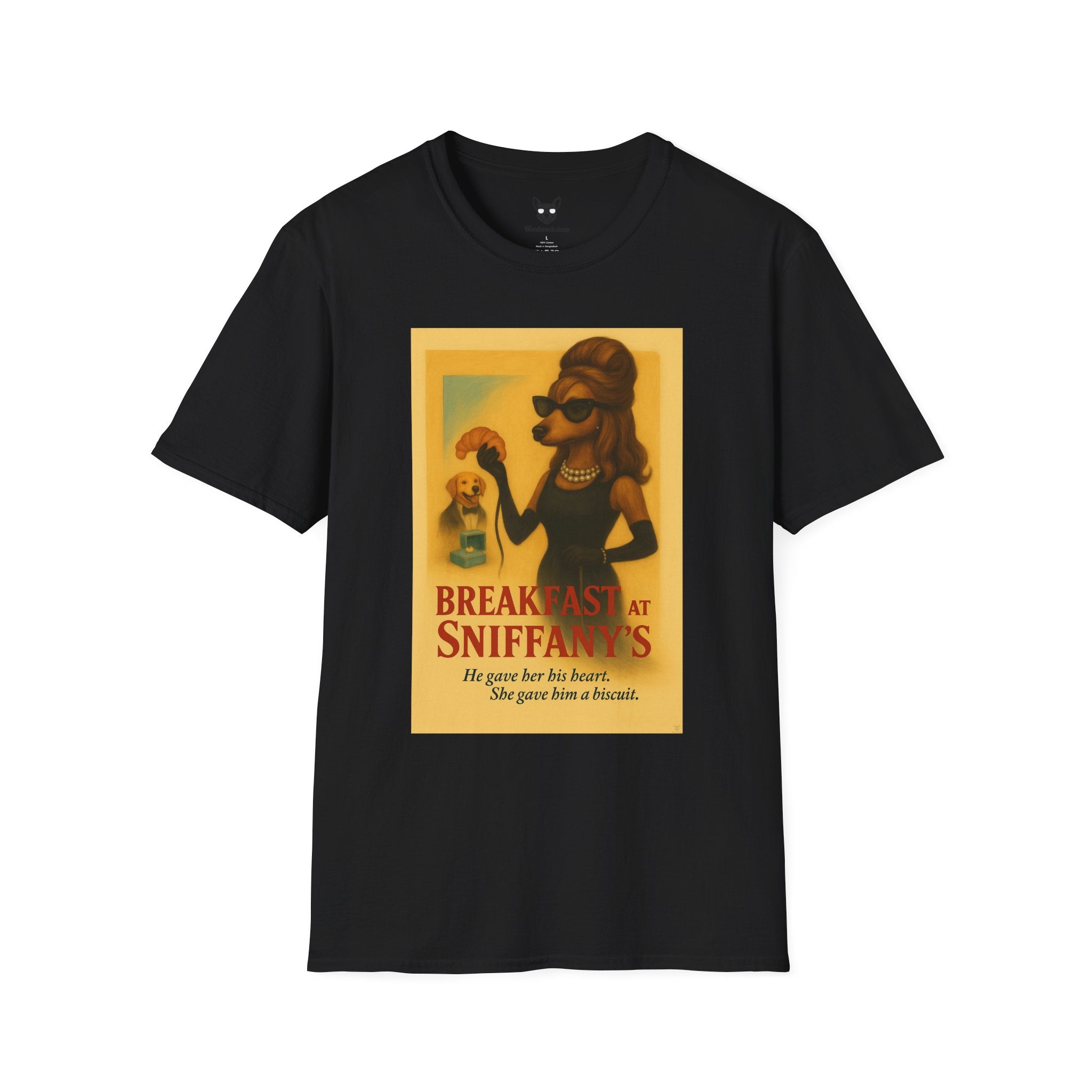 Breakfast at Tiffany's Movie Poster Dog Parody Unisex Softstyle T-Shirt -- Funny Audrey Hepburn Movie Tee for Film and Dog Lovers
