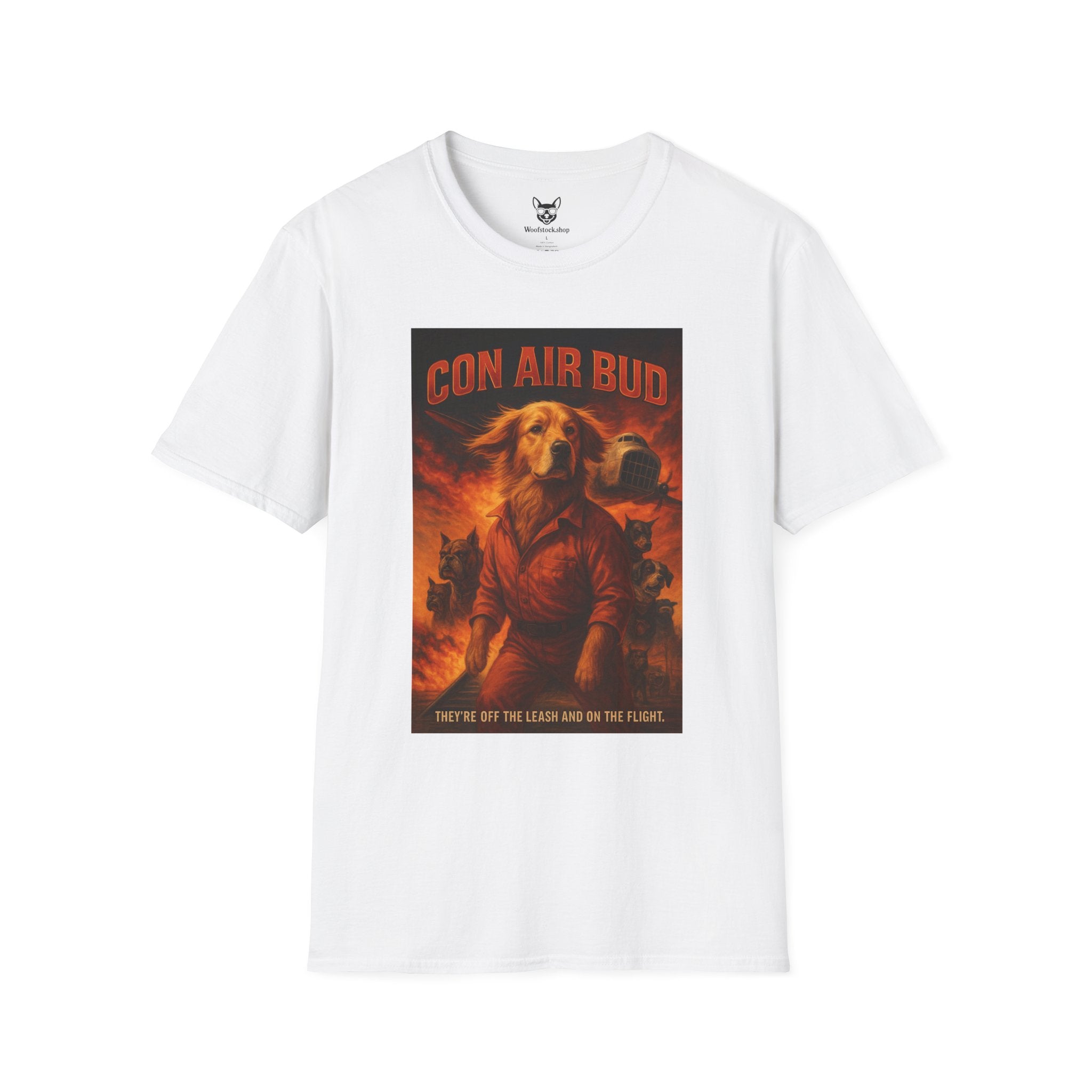 Con Air Movie Poster Dog Parody Unisex Softstyle T-Shirt – Funny Action Movie Tee for Film and Dog Lovers