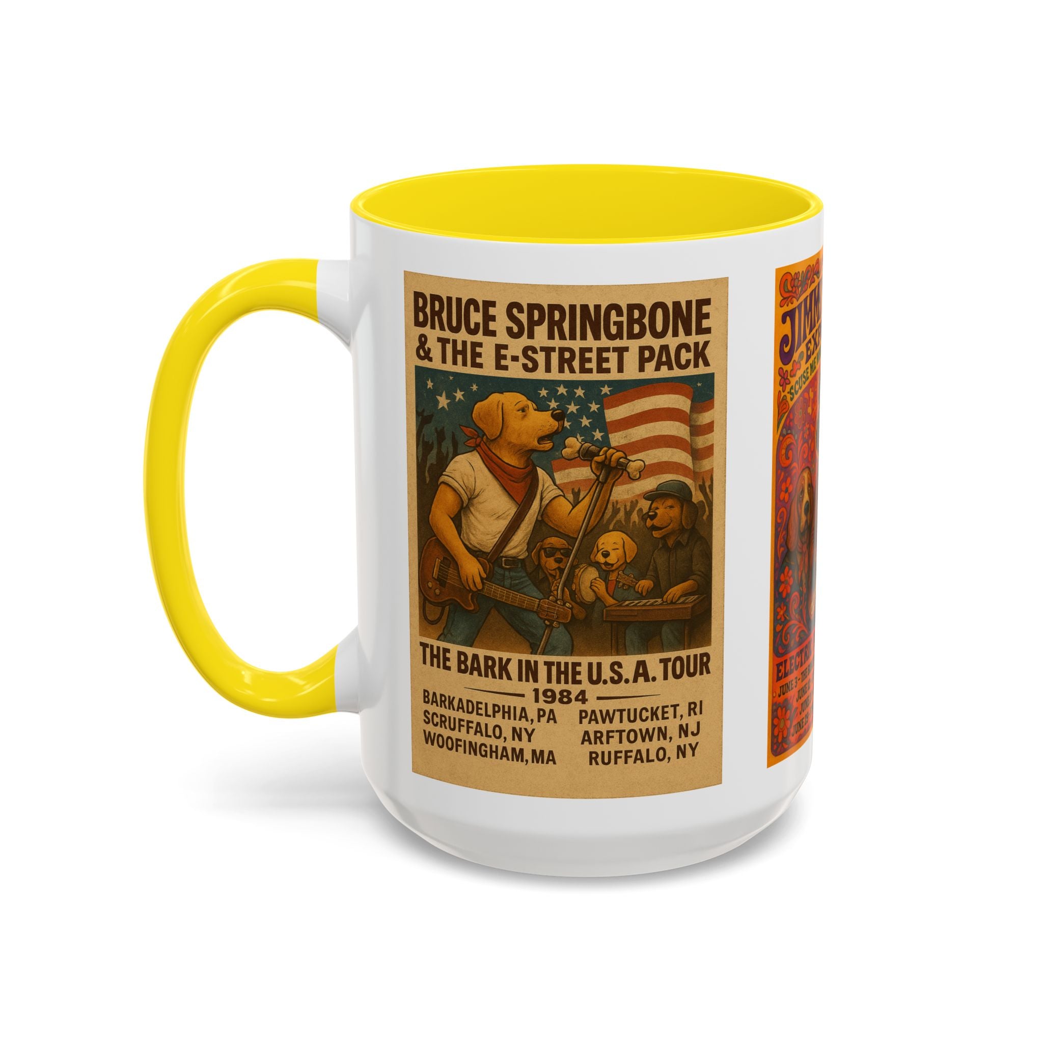 Concert Poster Dog Parody Mug – Funny Bruce Springsteen, Jimi Hendrix, and Fleetwood Mac Parody Gift