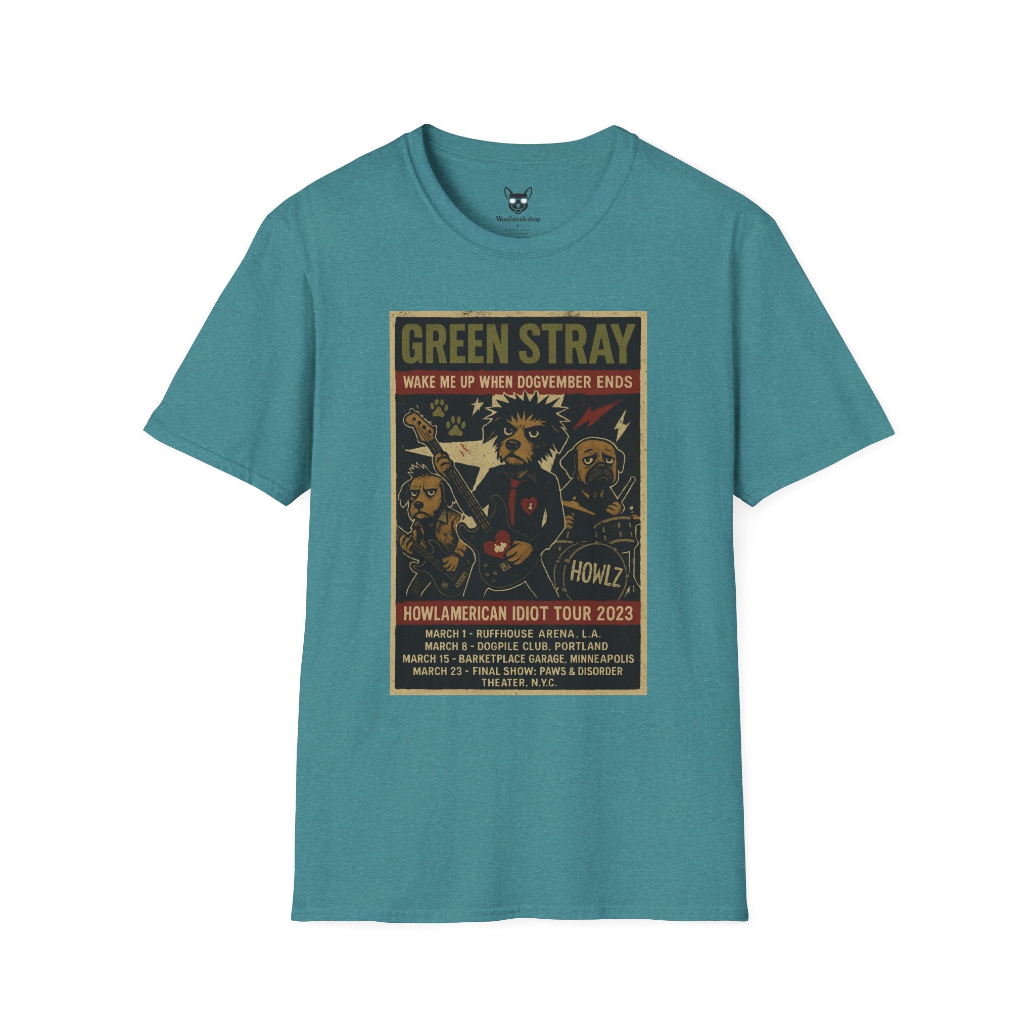 Green Day Concert Poster Dog Parody Unisex Softstyle T-Shirt – Funny Tee for Music and Dog Lovers