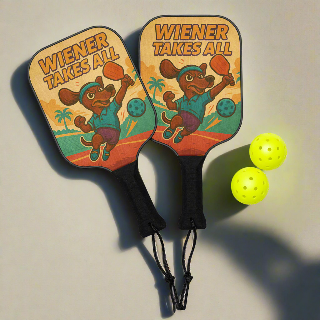 Wiener Takes All Pickleball Paddle Set -- Funny Gear for Dog Lovers and Pickleball Fans