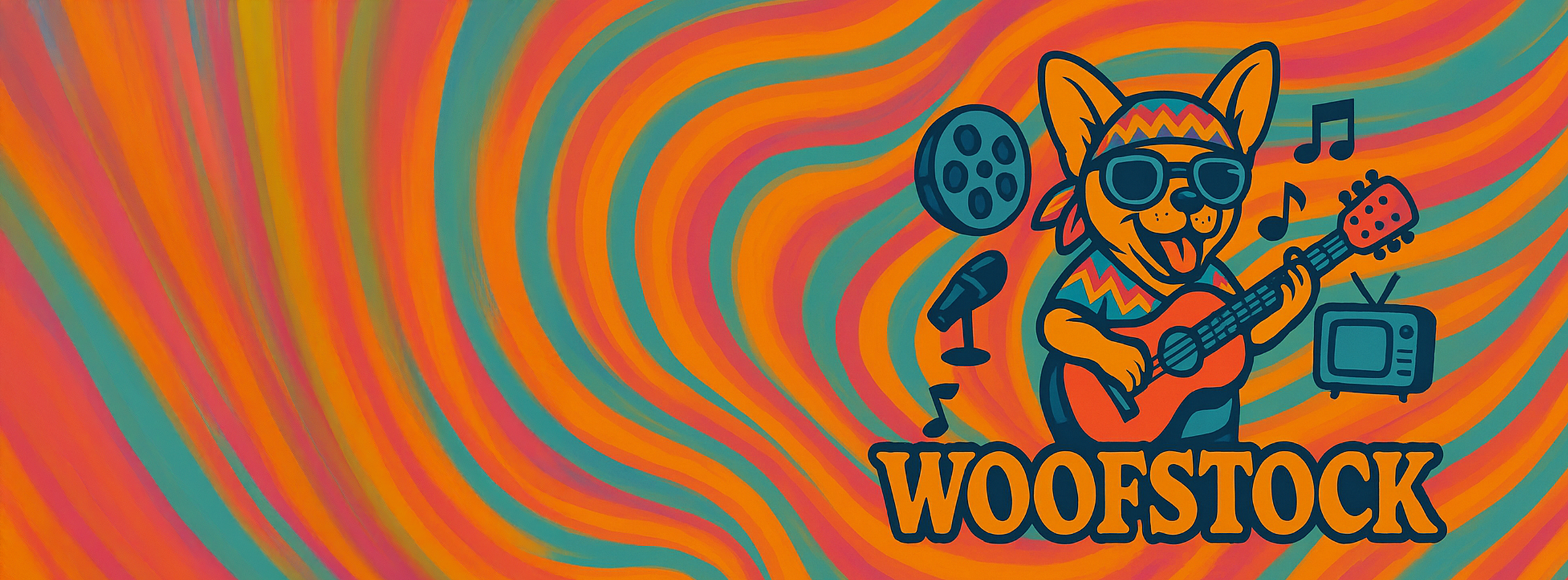 Colorful design with a dog playing guitar and microphone, and 'WOOFSTOCK' text on a swirling orange and green background.